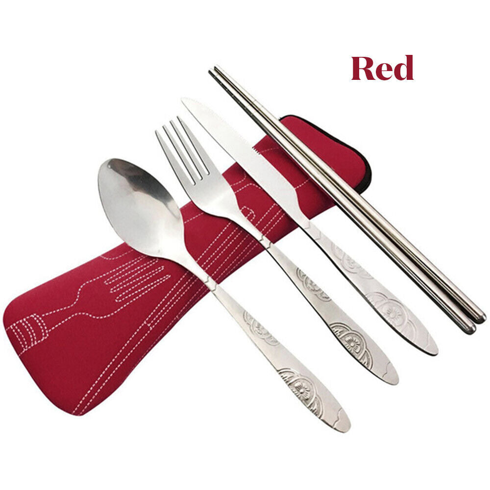 5Pcs Cutlery Travel Knife Fork Portable Bag Stainless Steel Spoon Chopstick Set