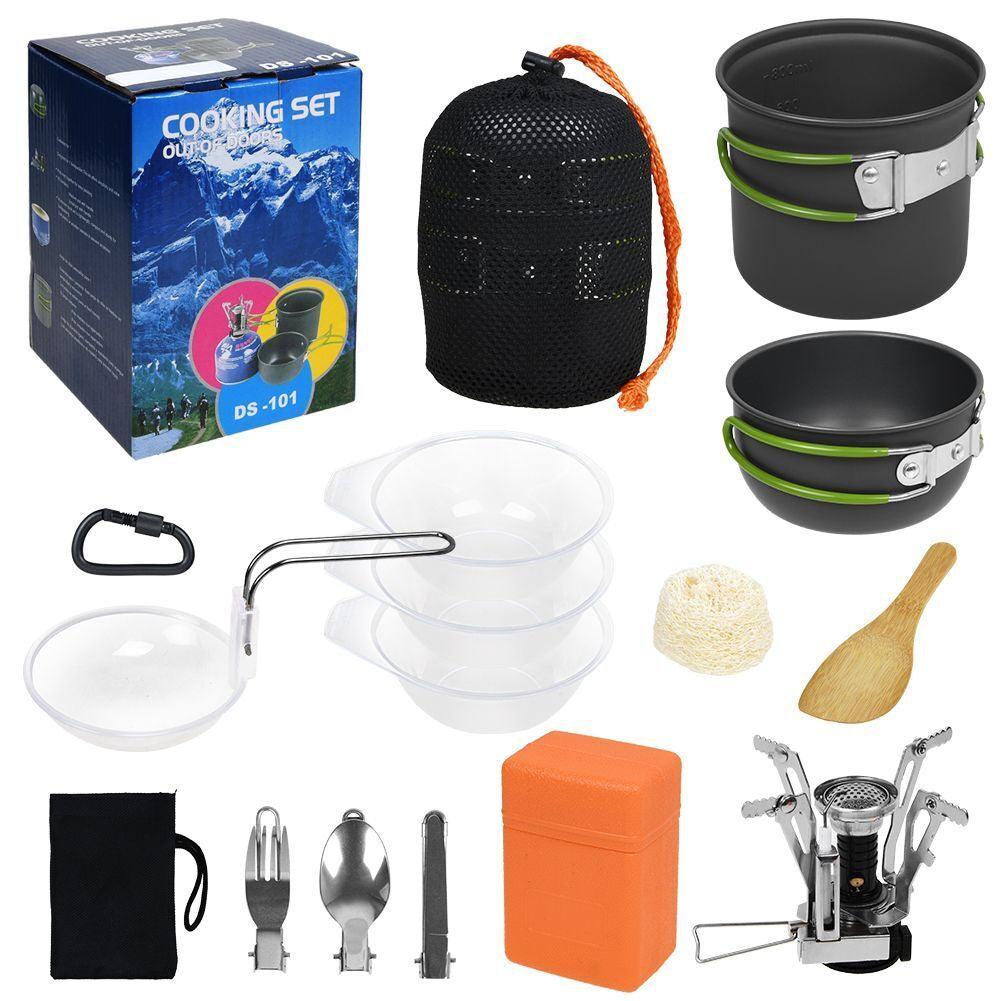 Outdoor Portable Camping Cookware Set Hiking Cooking Pot Gas Stove Tableware Kit