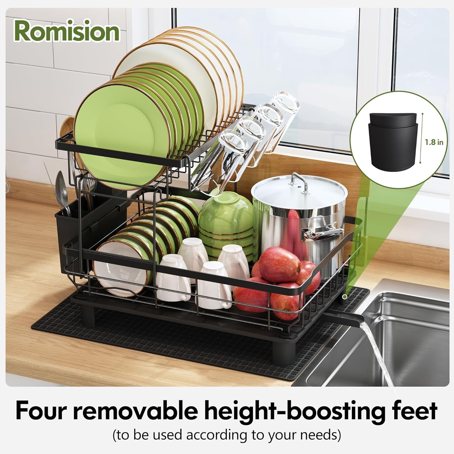 Dish Drying Rack for Kitchen Counter, 2 Tier Dish Racks with Drainboard Set