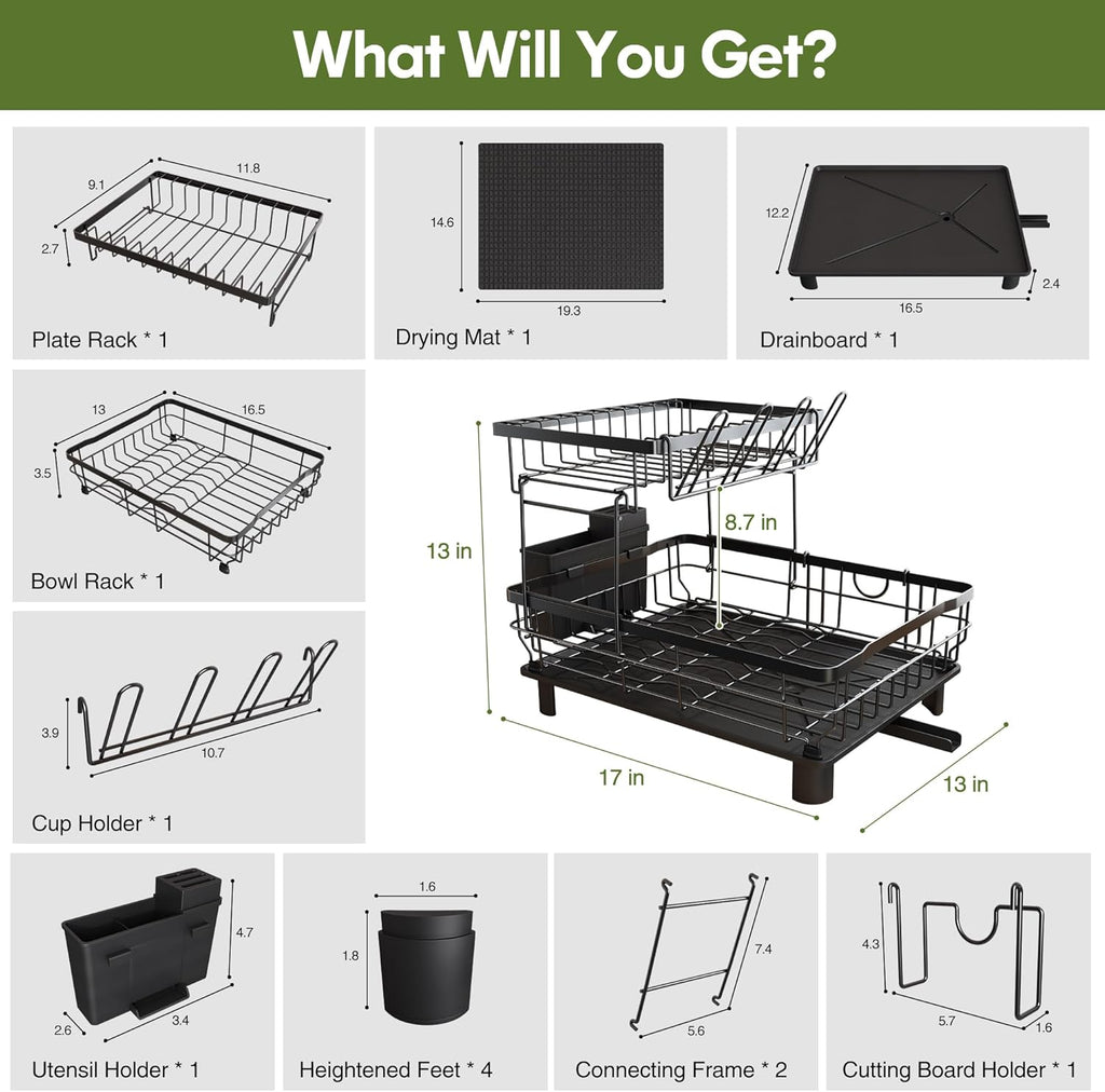 Dish Drying Rack for Kitchen Counter, 2 Tier Dish Racks with Drainboard Set