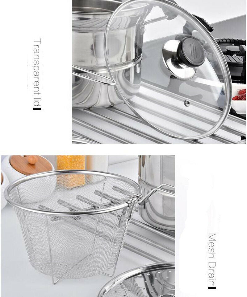 4PCS/SET STAINLESS STEEL CHIP PAN CHIPPAN FRYER POT with LID & BASKET