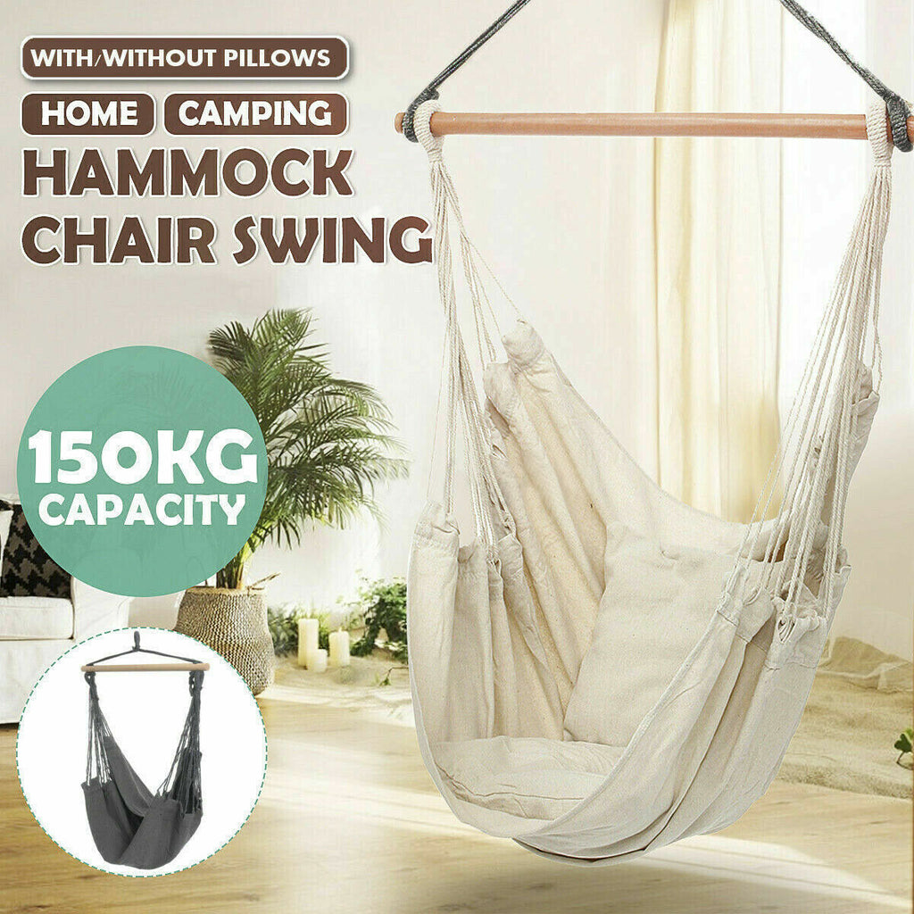 Portable Hanging Hammock Chair Swing Garden Outdoor Camping Soft with 2Xcushions