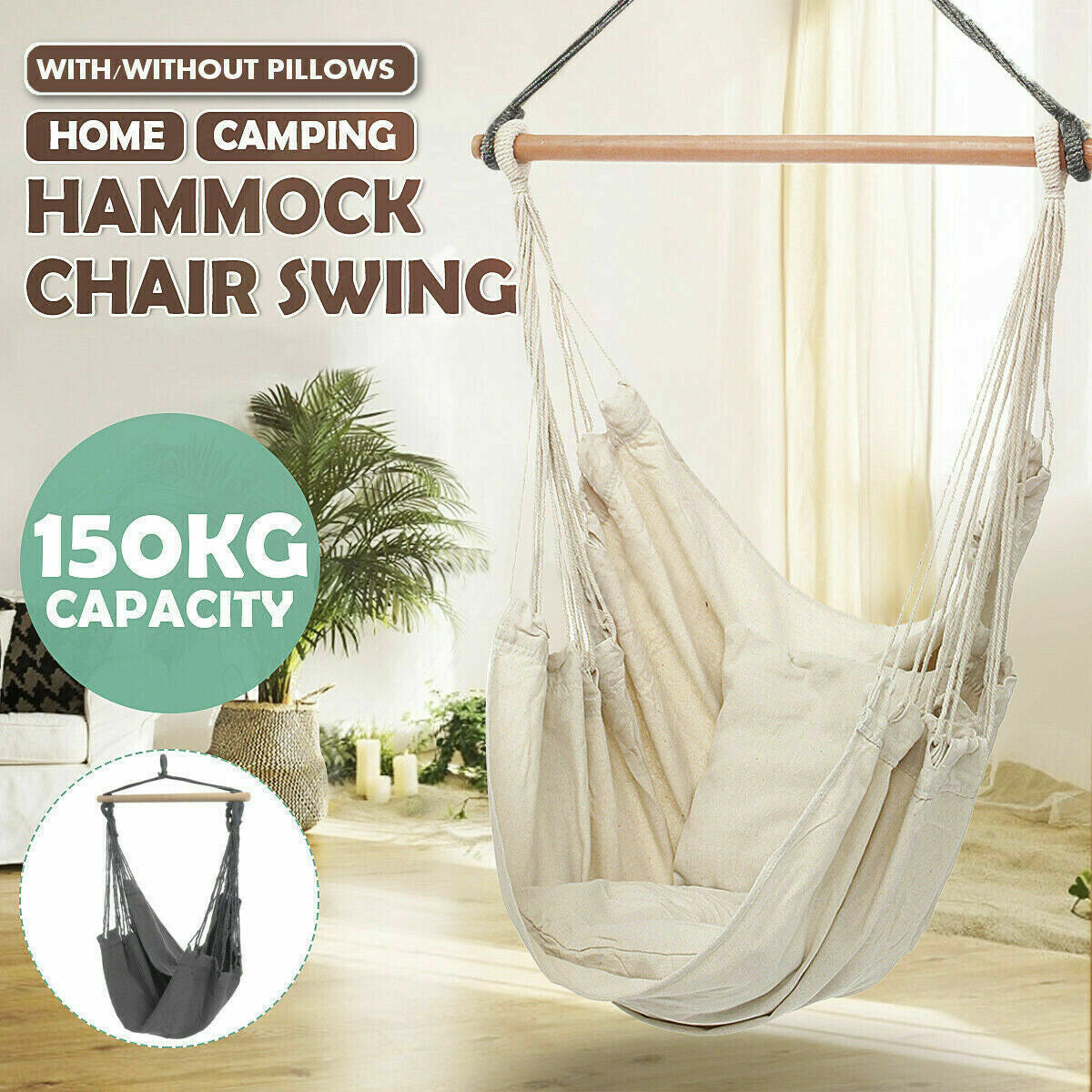 Portable Hanging Hammock Chair Swing Garden Outdoor Camping Soft with 2Xcushions
