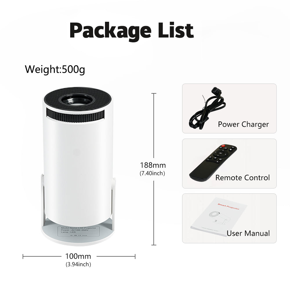 Mini 4K DH Portable Wireless Projector Companion for Home Theater Presentations and Outdoor Cinema, HY300, Android 11.0, 720P, 1080P, 4K, 200ANSI, BT5.0, Adjustable Projection Angle