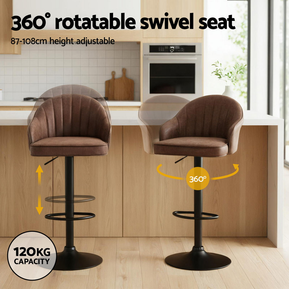 Artiss 2x Bar Stools Kitchen Swivel Gas Lift Counter Chair Shell Leather Brown