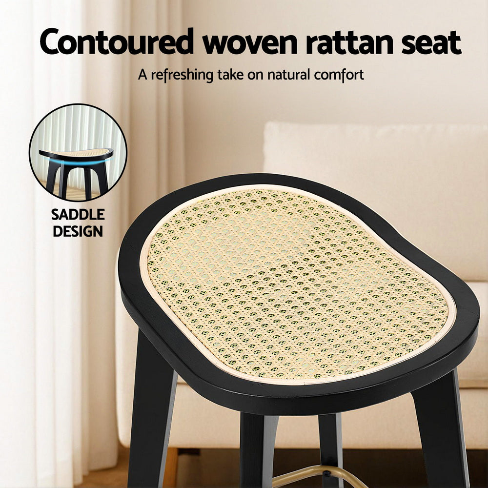 Artiss 2x Bar Stools Rattan Counter Kitchen Dinning Chair Bamboo Saddle Black