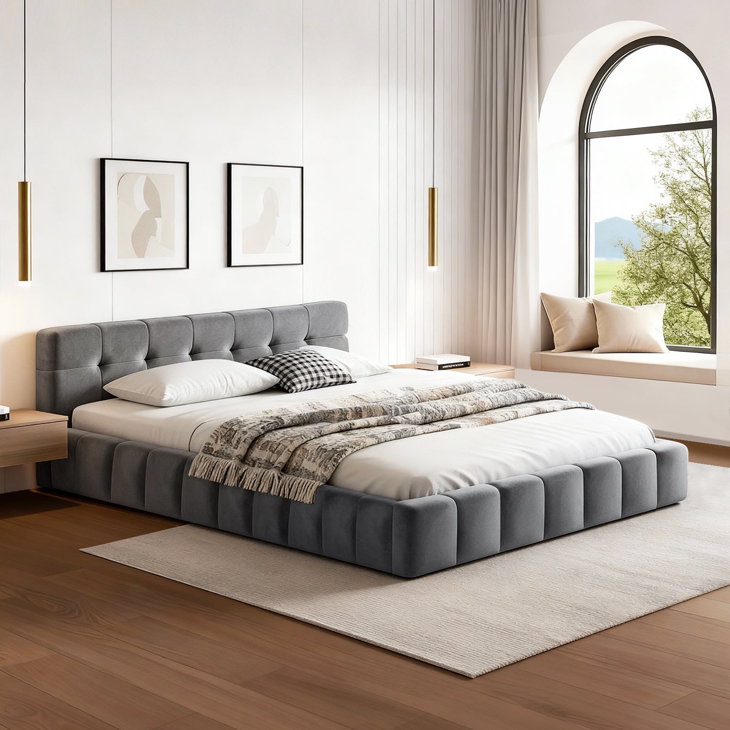 Artiss Double Size Bed Frame Plush Soft Headboard Velvet Platform Base for Modern Bedrooms Grey