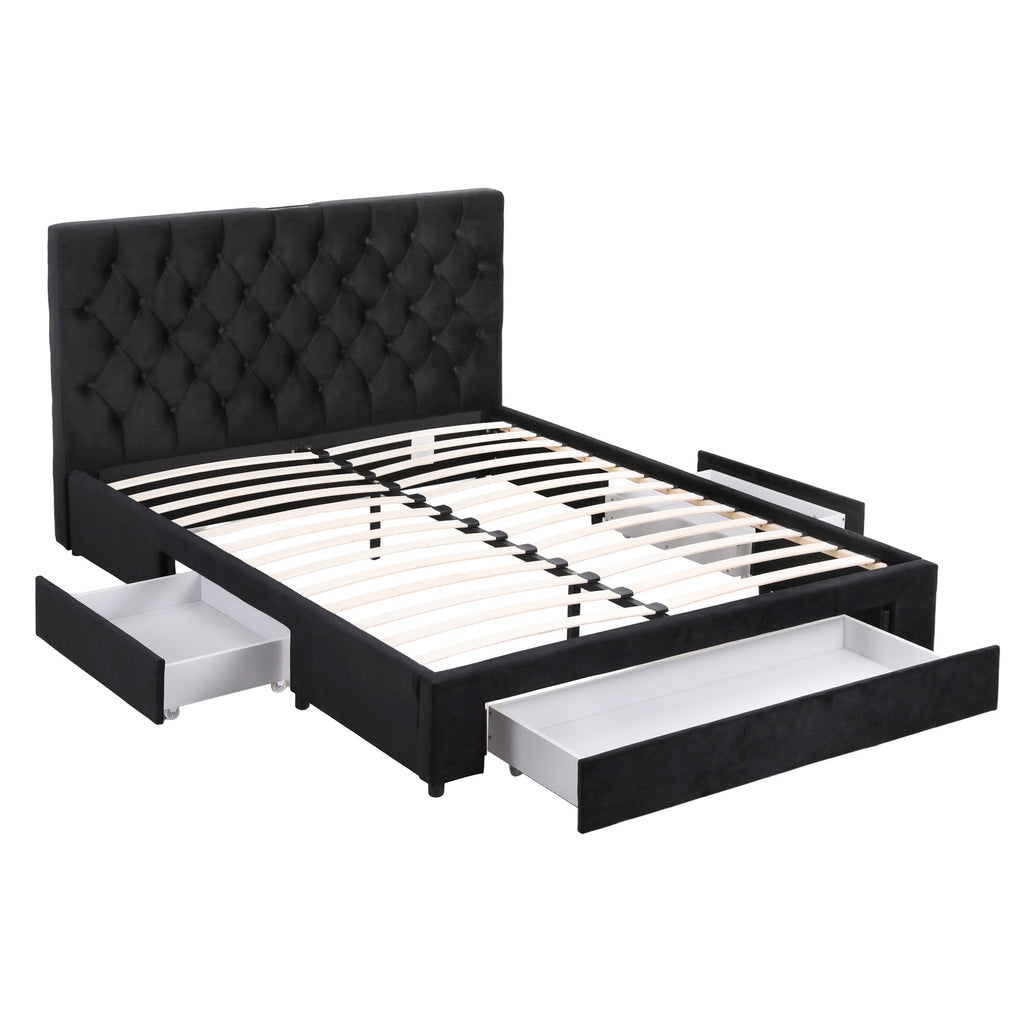 Artiss Queen Bed Frame Storage Charging Station Upholstered 3 Drawers USB Type-C
