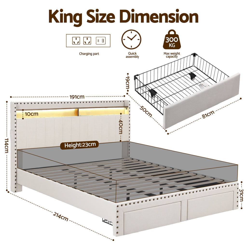 Artiss King Upholstered Bed Frame with Shelf Storage Drawers Charging Station Mood Lighting Linen