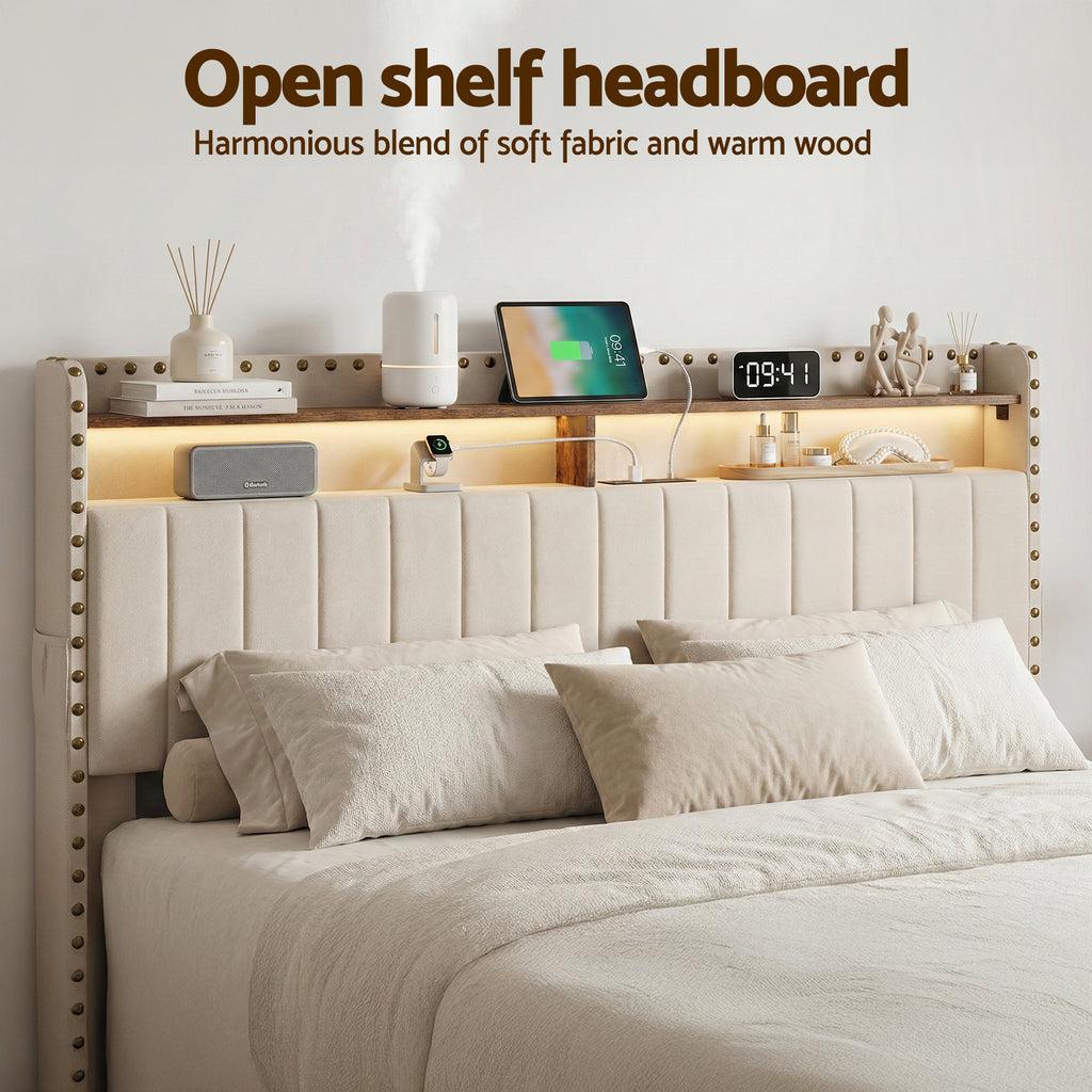 Artiss King Upholstered Bed Frame with Shelf Storage Drawers Charging Station Mood Lighting Linen