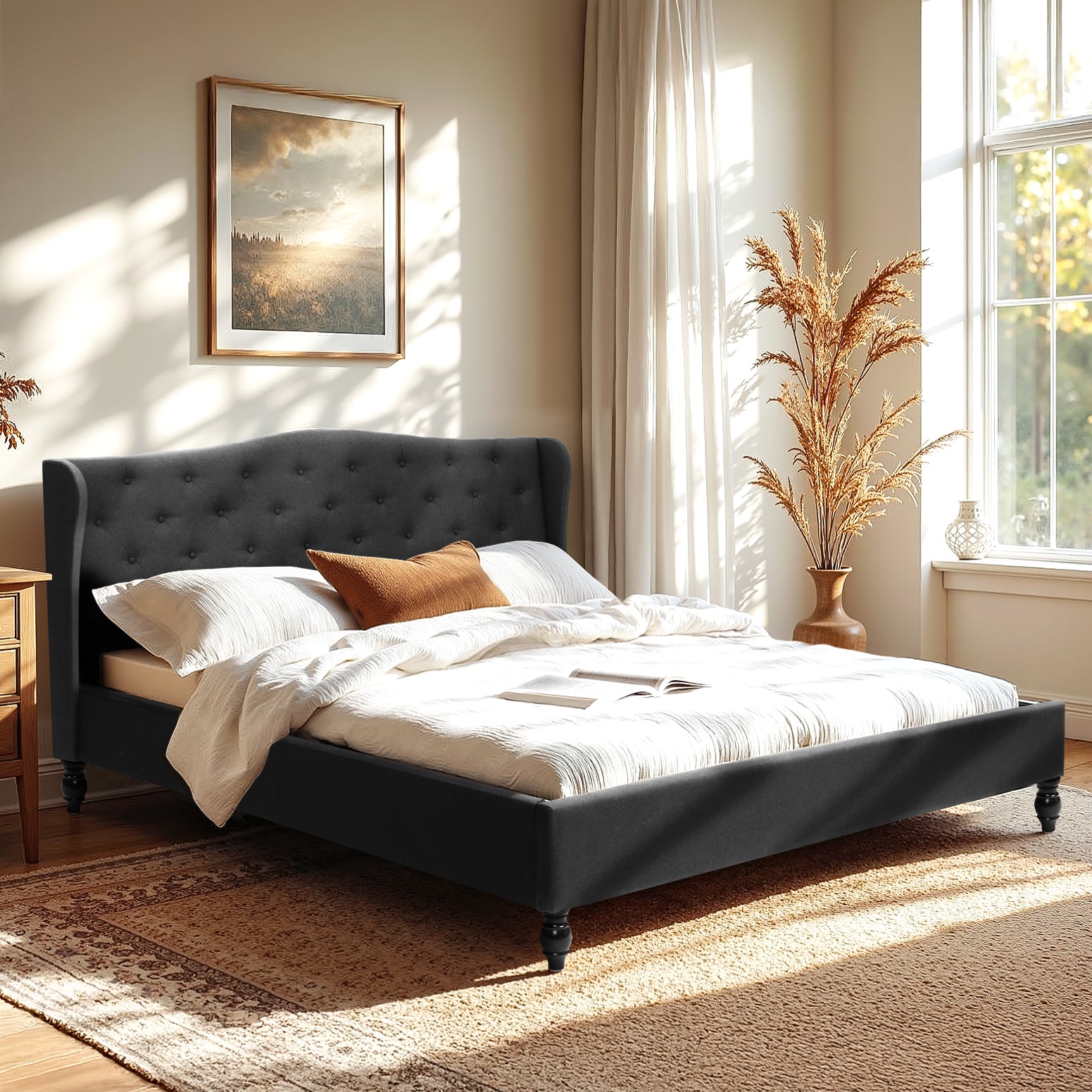 Artiss King Bed Frame Wingback Headboard Charcoal Grey Linen Upholstered Platform Bed Base