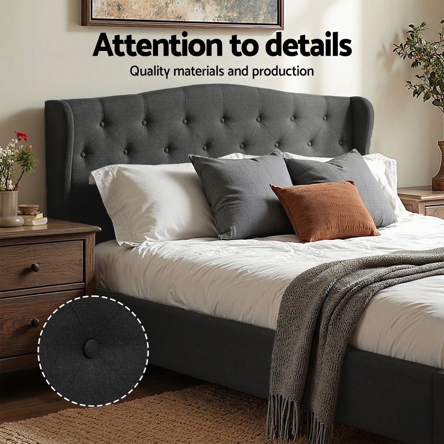 Artiss Queen Bed Frame Wingback Headboard Charcoal Grey Linen Upholstered Platform Bed Base