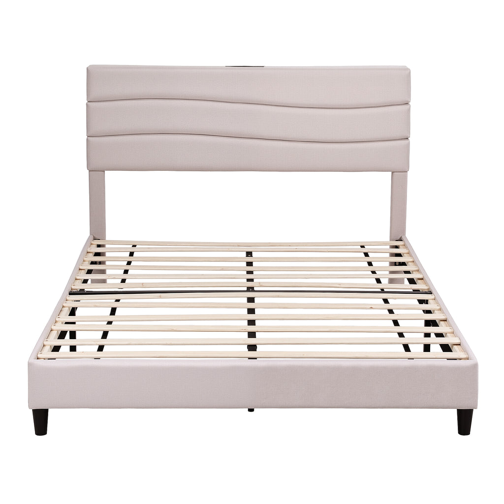 Artiss Queen Bed Frame with Storage Adjustable Headboard Platform Base Linen Fabric Charging Ports