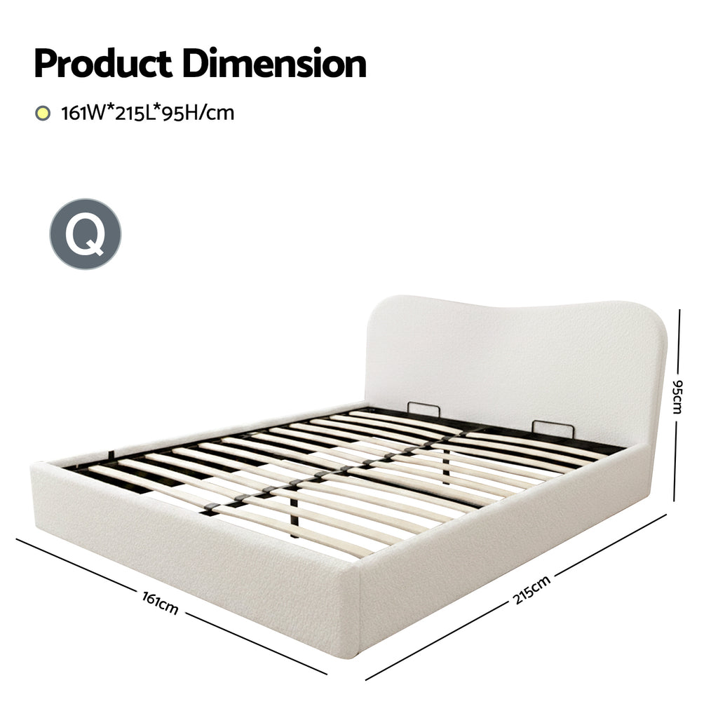 Artiss Queen Bed Frame with Gaslift Storage Wooden Platform Mattress Base Boucle Upholstered White