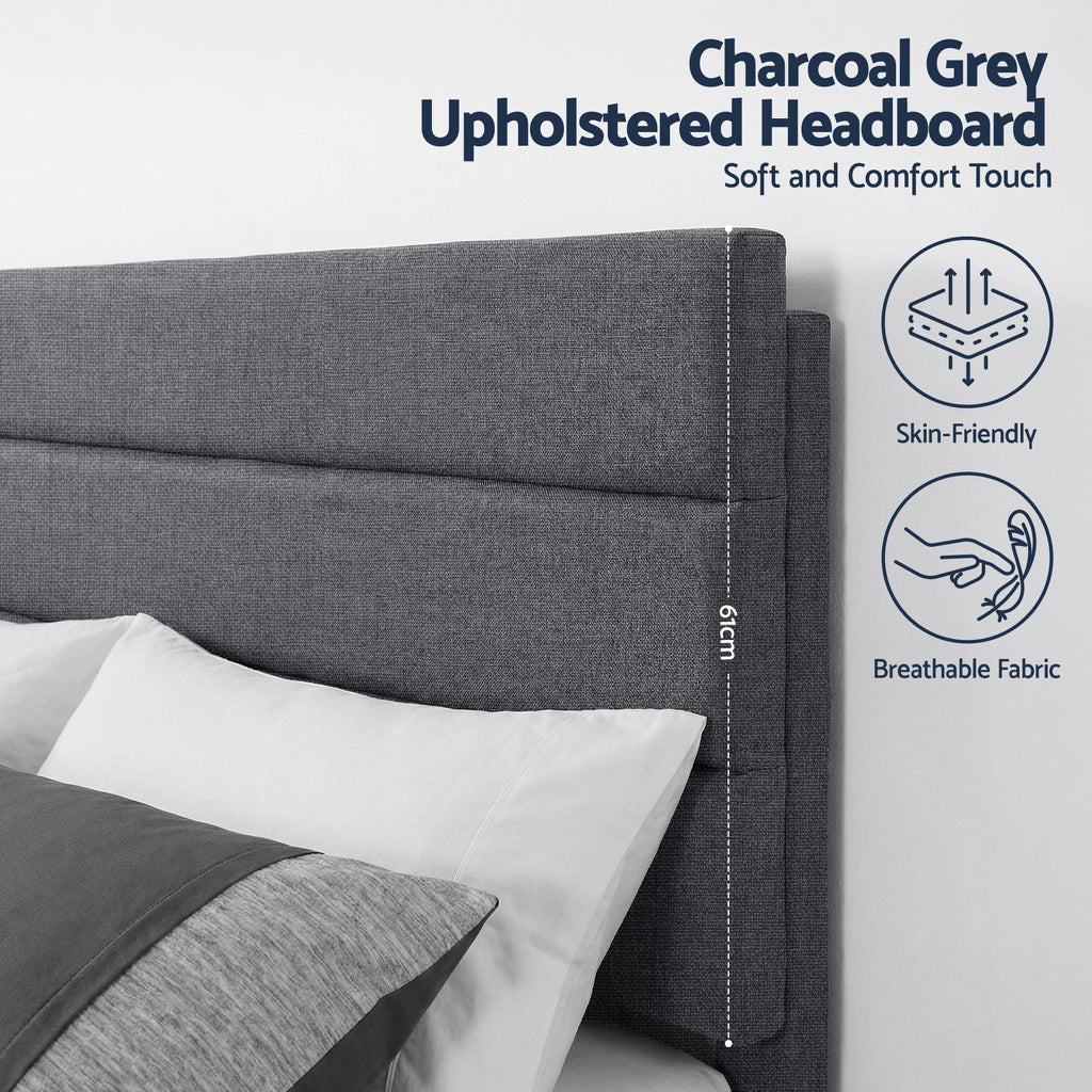 Artiss Double Bed Frame Upholstered Platform Base with Geometric Headboard Charcoal Grey Linen Wood Slats for Modern Bedroom Furniture Home Decor