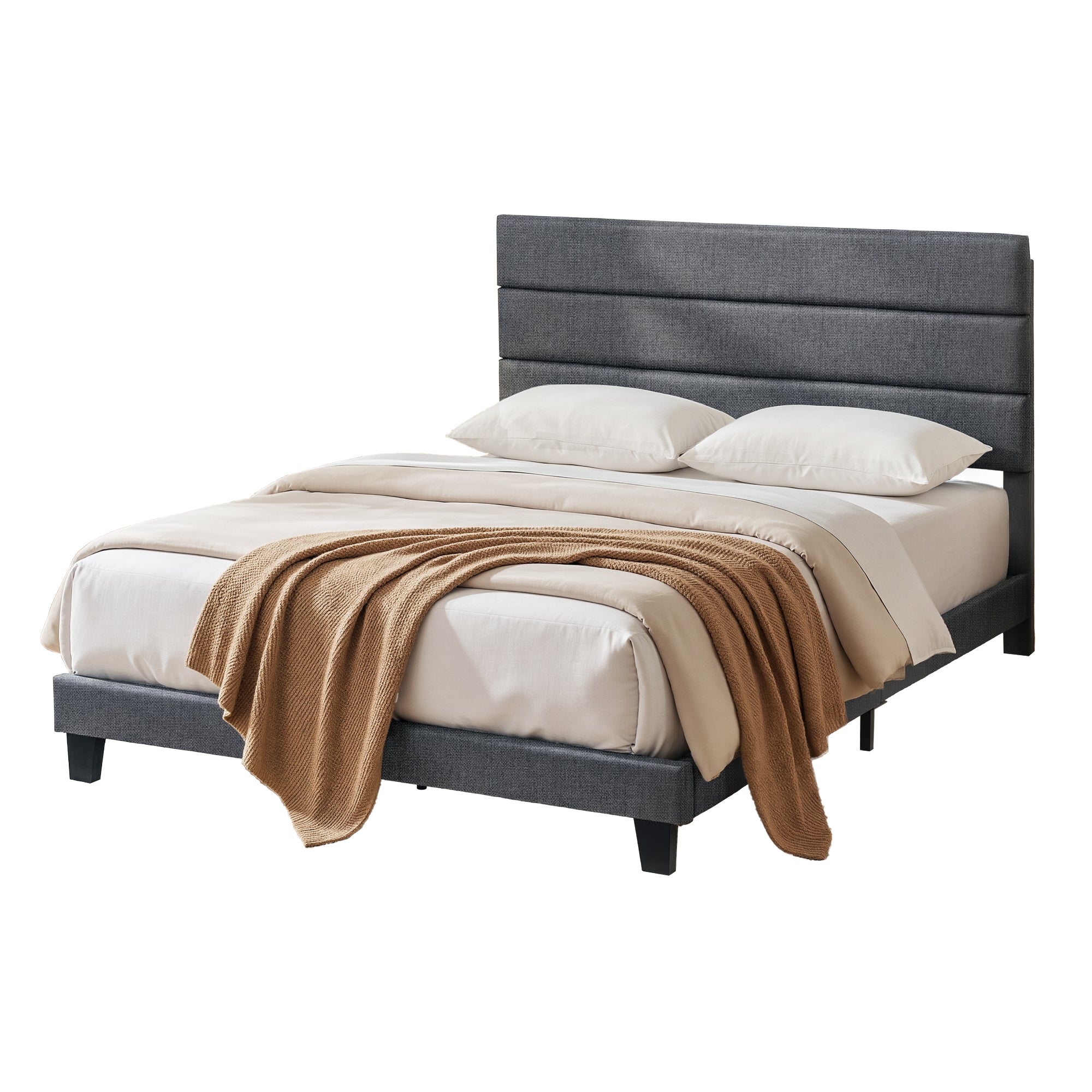 Artiss Double Bed Frame Upholstered Platform Base with Geometric Headboard Charcoal Grey Linen Wood Slats for Modern Bedroom Furniture Home Decor