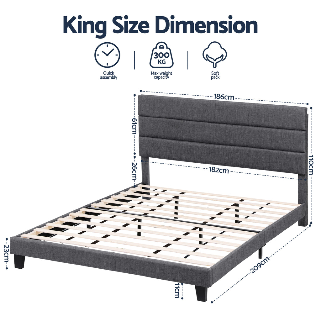 Artiss King Bed Frame Upholstered Platform Base with Geometric Headboard Charcoal Grey Linen Wood Slats for Modern Bedroom Furniture Home Decor