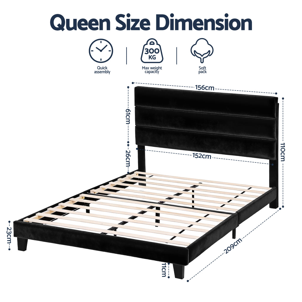 Artiss Queen Bed Frame Upholstered Platform Base with Geometric Headboard Black Velvet