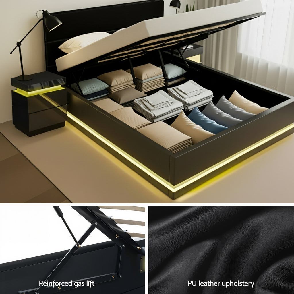 Artiss RGB LED Queen Bed Frame with 2 Beside Tables Set 16 Colour Mood Lighting