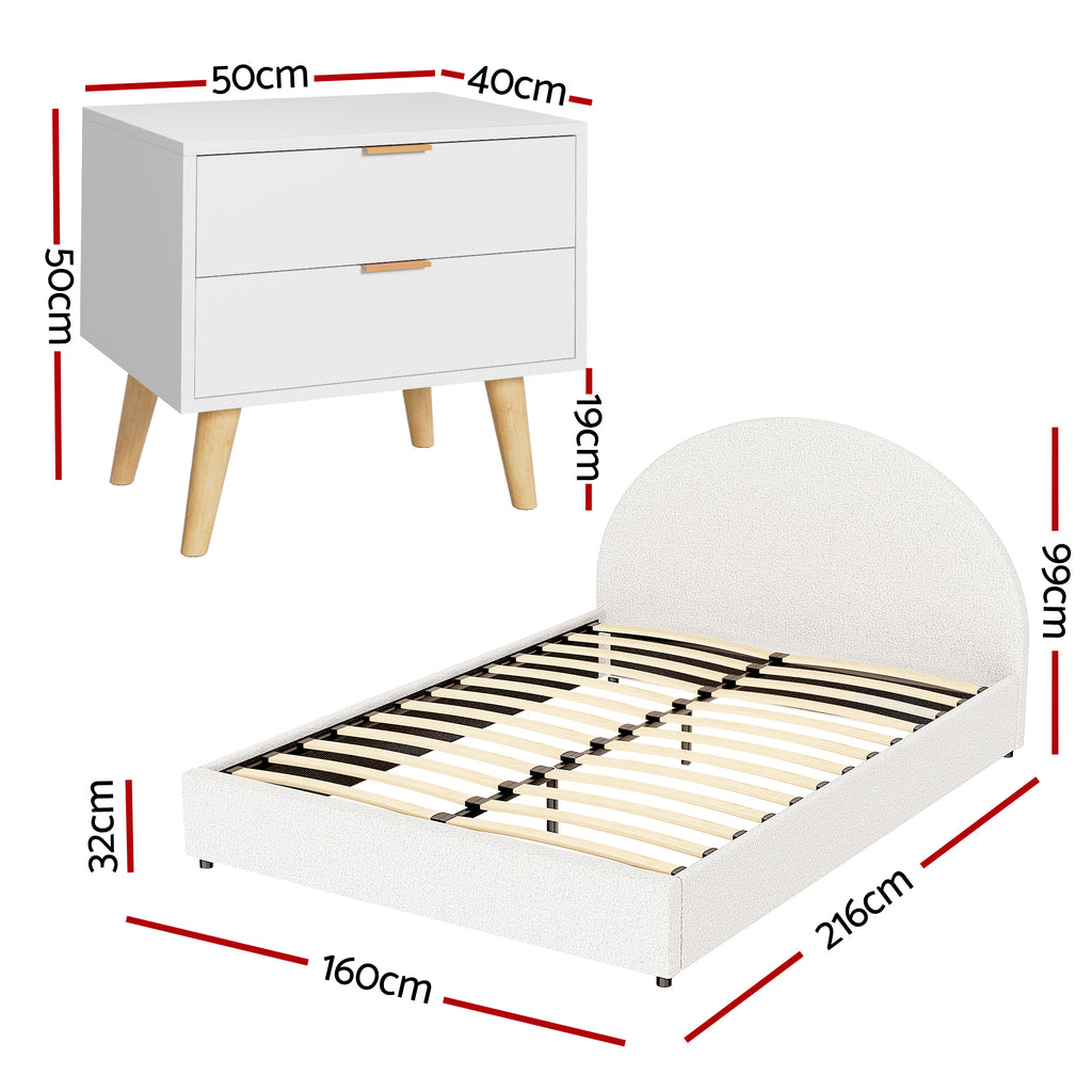 Artiss Queen Bed Frame Bedside Table Set Gas Lift Storage Base with Boucle Fabric Upholstered Headboard 2 Drawer Nightstand for Bedroom Furniture