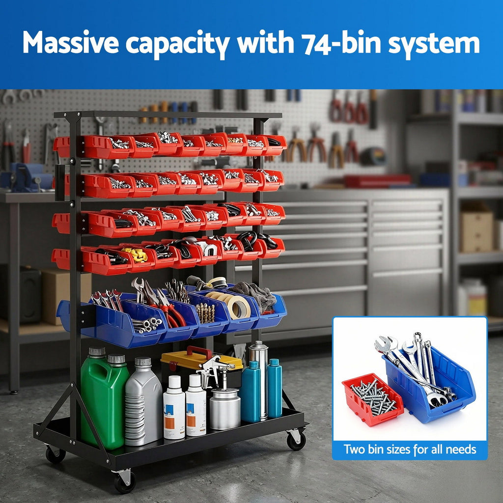 Giantz 74 Bins Storage Rack Double Sided Mobile Garage Workshop Tools Organizer