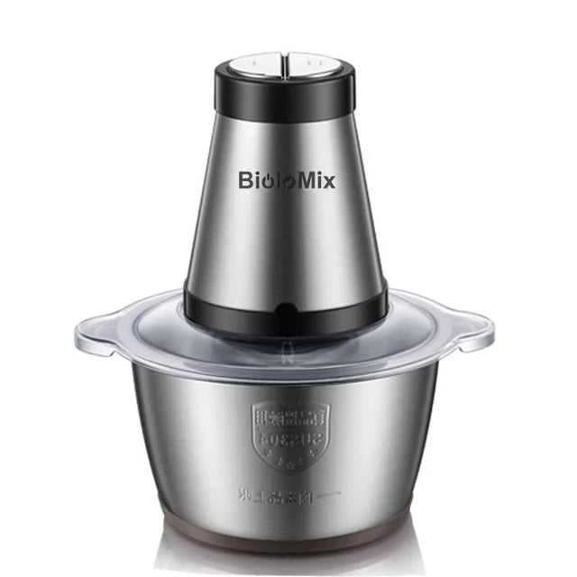 BioloMix 2 Speed 500W Stainless Steel 2L Capacity Electric Chopper Meat Grinder Mincer Food Processor Slicer