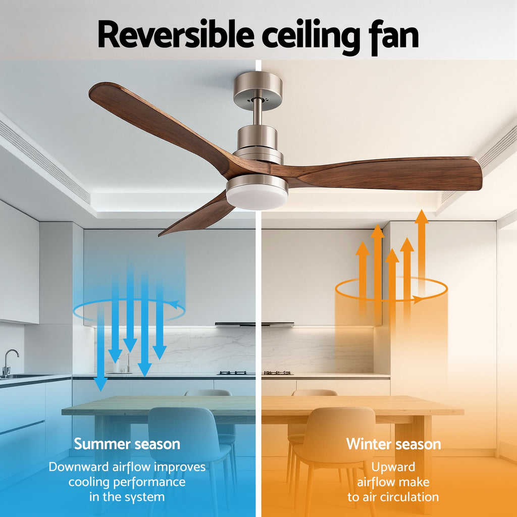 Devanti 52" Ceiling Fan with Light Remote Control DC Motor Smart App Timber Blades Brown