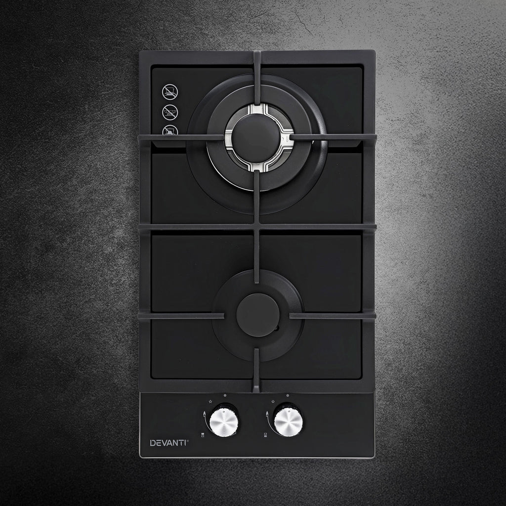 Devanti Gas Cooktop 30cm 2 Burner Built-in Stove Glass Cook Top NG LPG Wok Burner