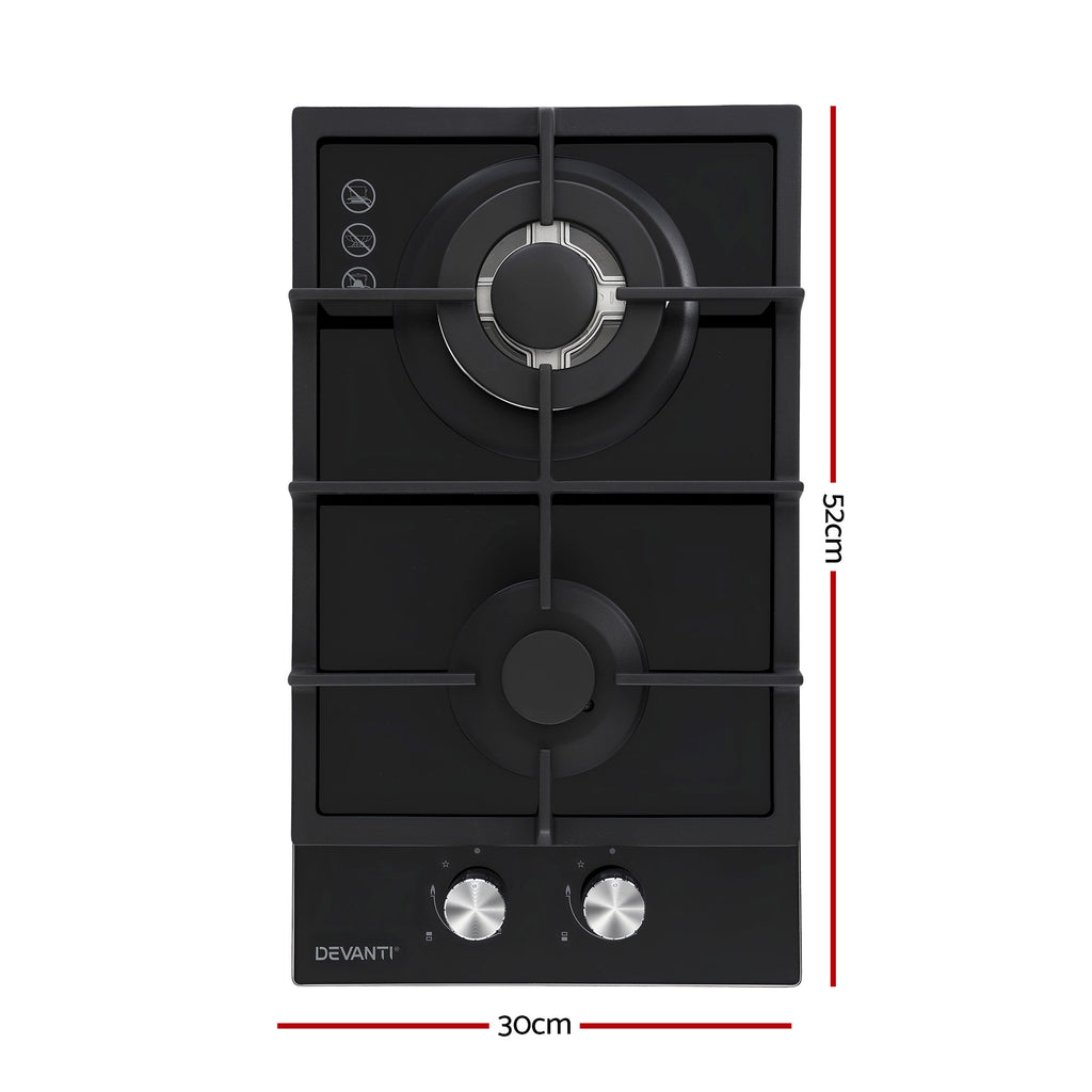 Devanti Gas Cooktop 30cm 2 Burner Built-in Stove Glass Cook Top NG LPG Wok Burner