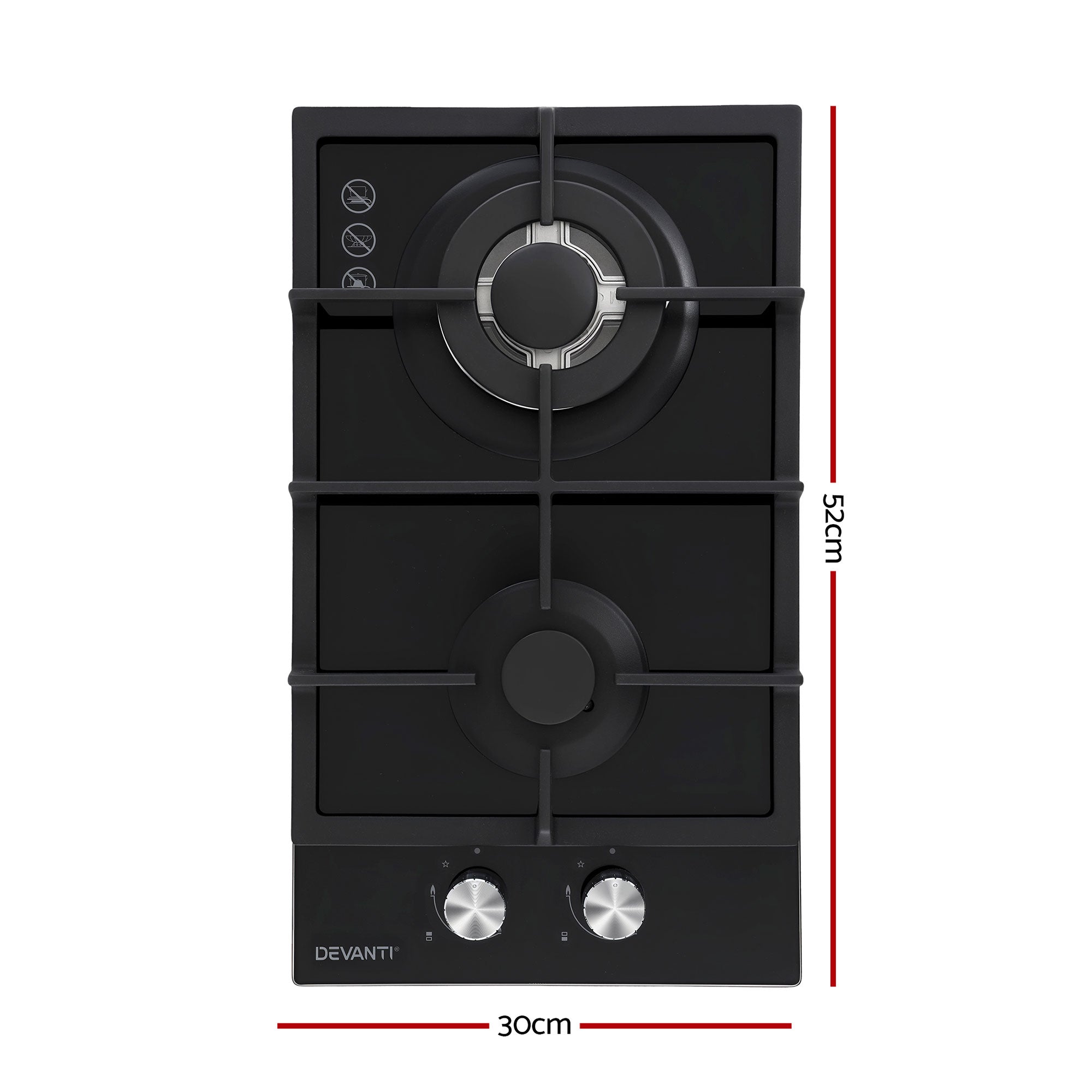 Devanti Gas Cooktop 30cm 2 Burner Built-in Stove Glass Cook Top NG LPG Wok Burner