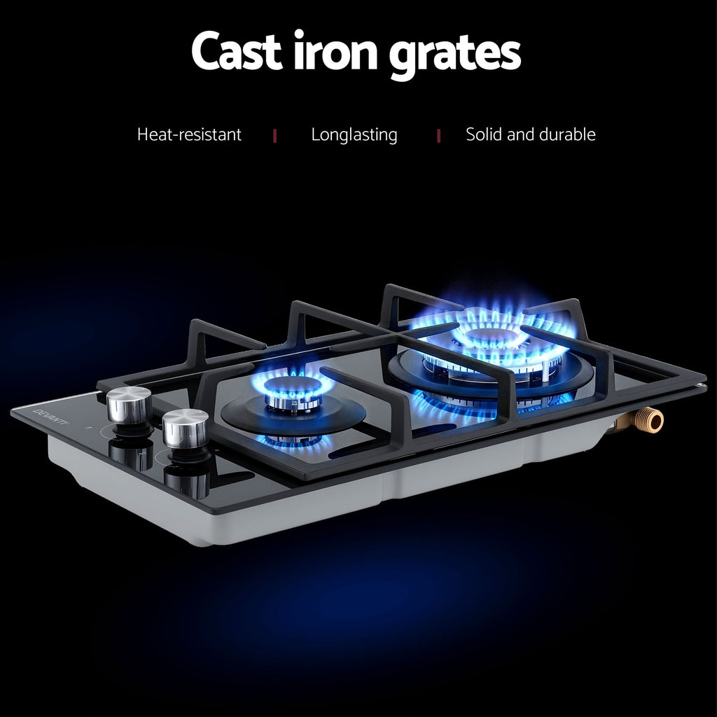 Devanti Gas Cooktop 30cm 2 Burner Built-in Stove Glass Cook Top NG LPG Wok Burner