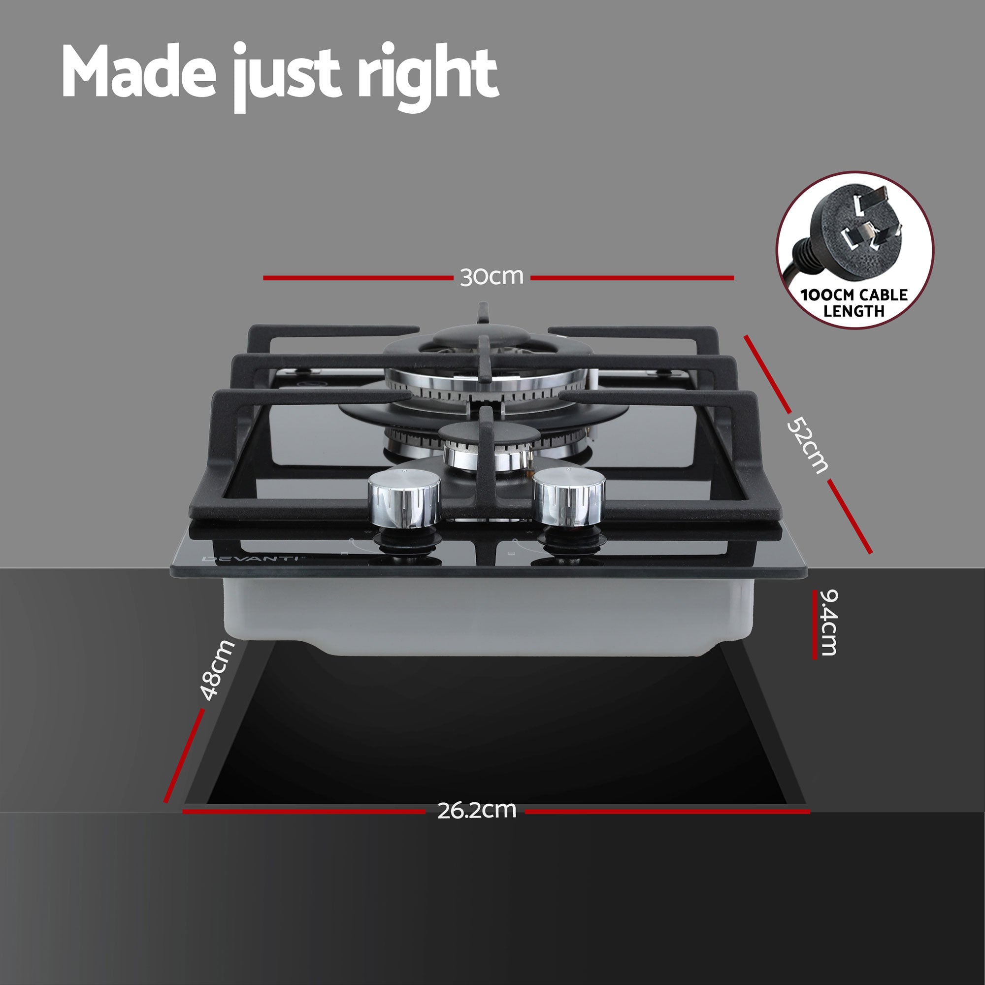 Devanti Gas Cooktop 30cm 2 Burner Built-in Stove Glass Cook Top NG LPG Wok Burner