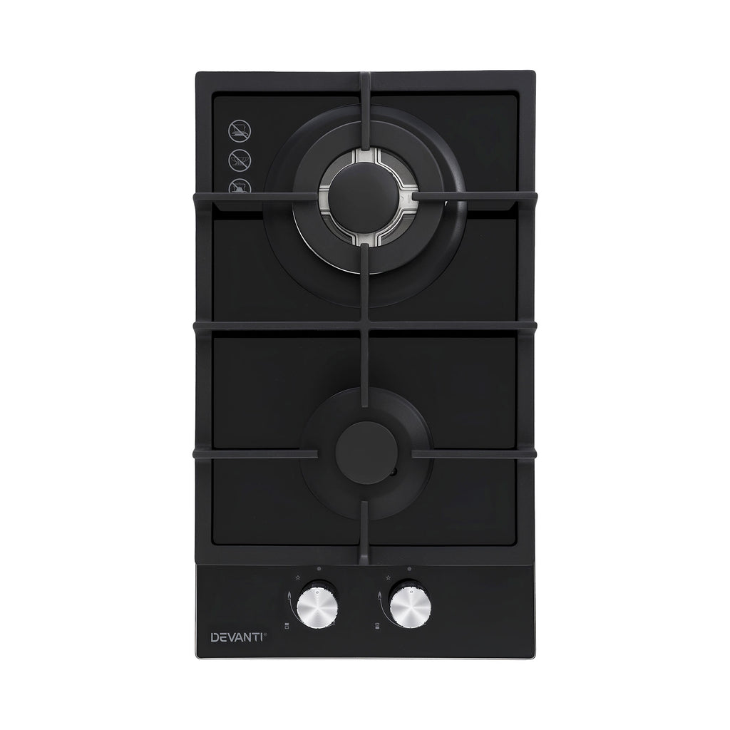 Devanti Gas Cooktop 30cm 2 Burner Built-in Stove Glass Cook Top NG LPG Wok Burner