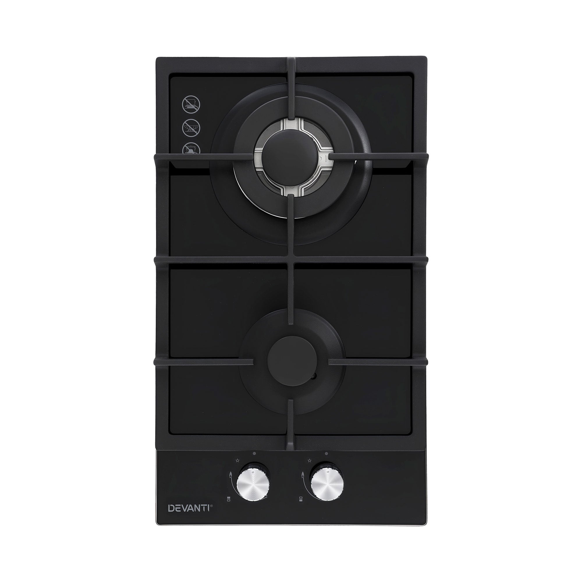Devanti Gas Cooktop 30cm 2 Burner Built-in Stove Glass Cook Top NG LPG Wok Burner