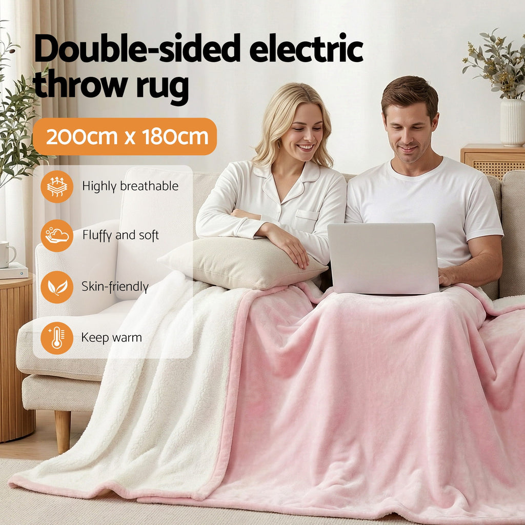 Giselle Electric Throw Rug Double Size 200x180cm Fleece Flannel Heated Blanket Pink