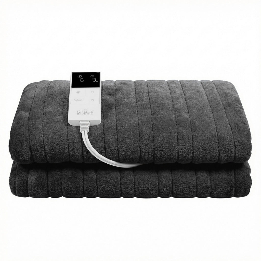 Giselle Electric Throw Rug Double Size 200x180cm Coral Fleece Heated Blanket Grey