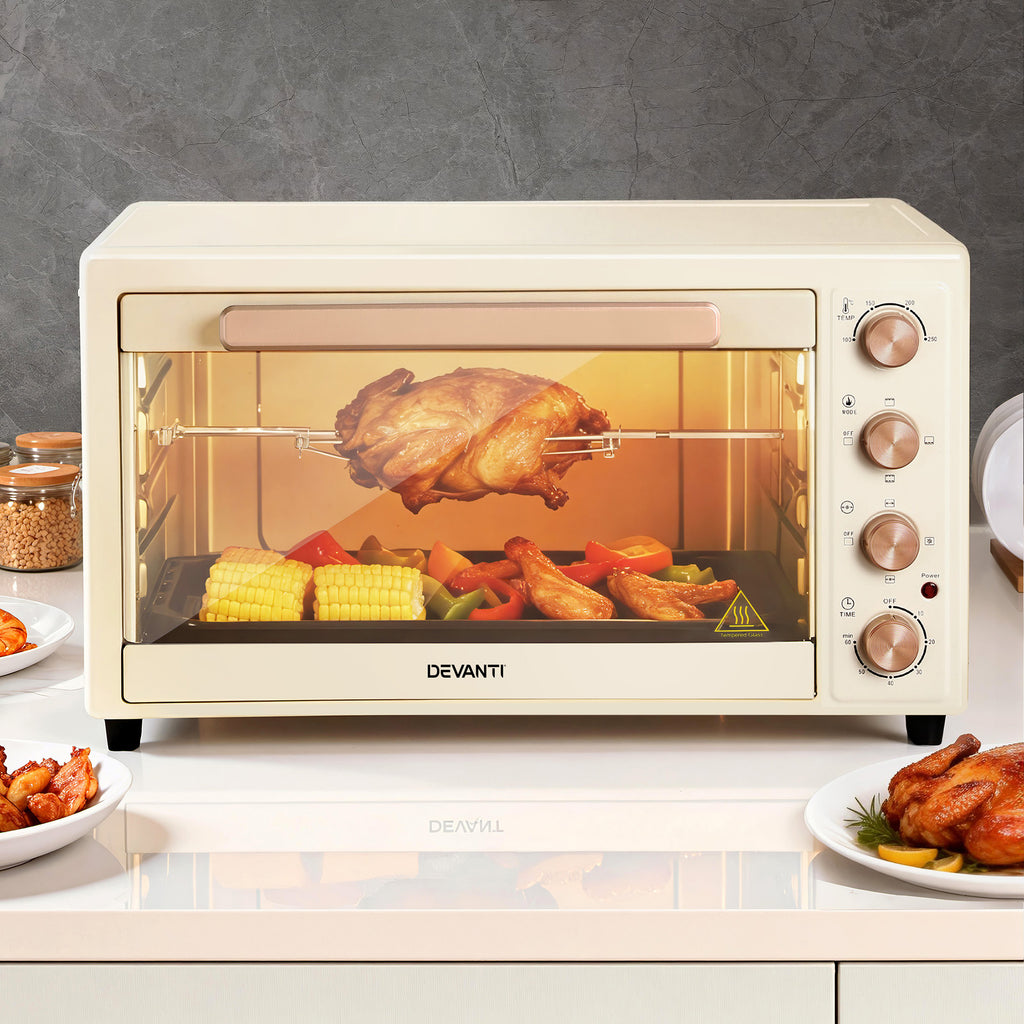 Devanti 60L Convection Oven Electric Fryer Ovens 2000W Cream