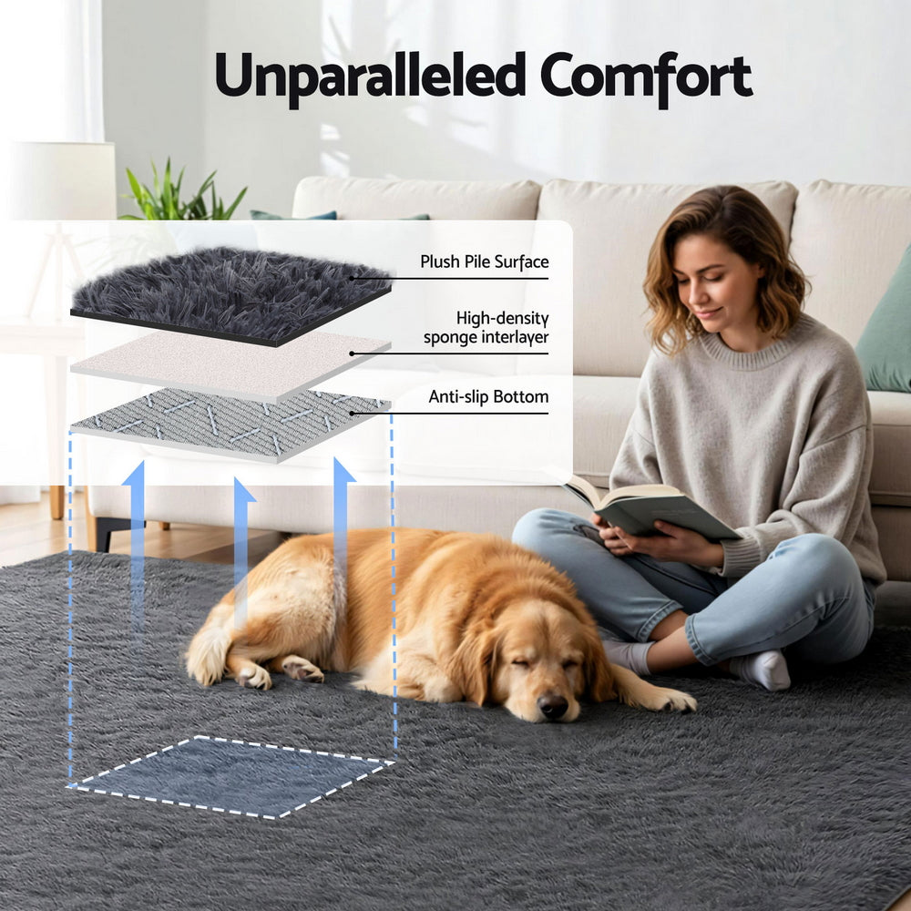 Artiss Floor Rug 200x290cm Plush Area Shaggy Rug Living Room Bedroom Carpet Grey