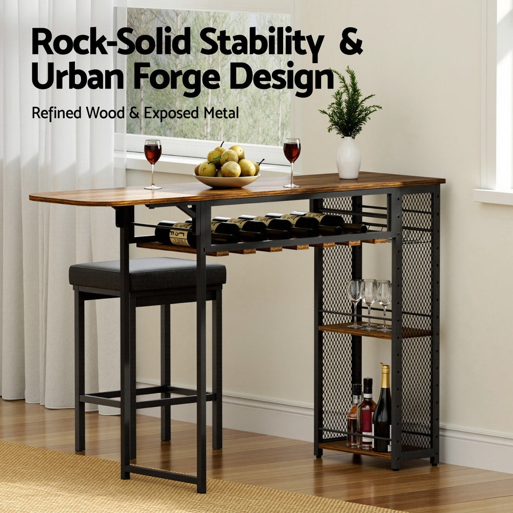 Artiss Industrial Bar Table with Wine Rack Built-in Cup Holder Extendable 140cm