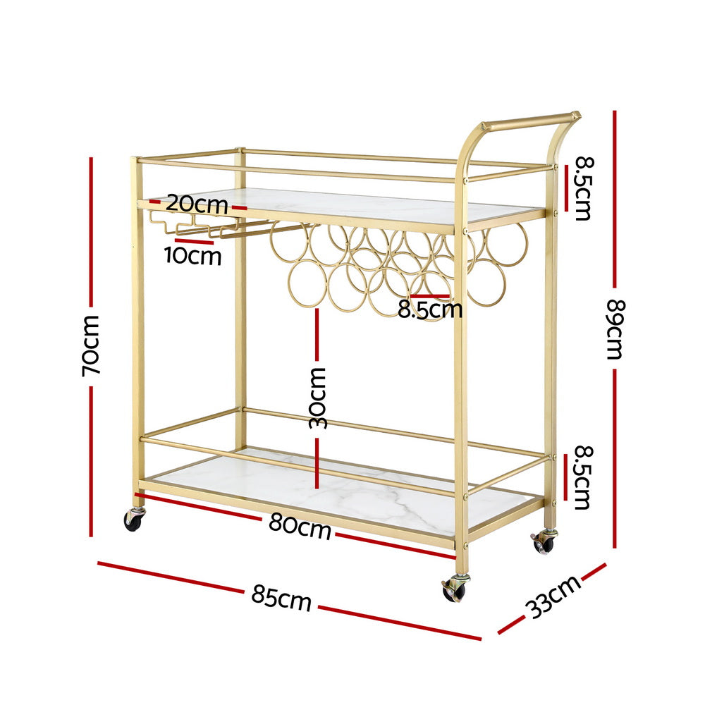 Artiss Bar Cart Drinks Trolley Serving Wine Rack Glass Holder Marble 85cm Gold