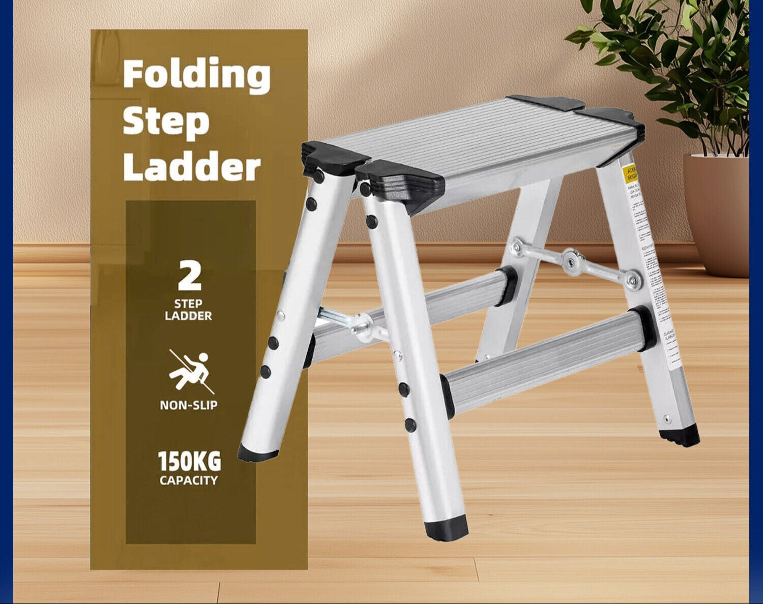 Folding Ladder Stool 2 Step Aluminium Frame Portable anti Slip 34 Cm High