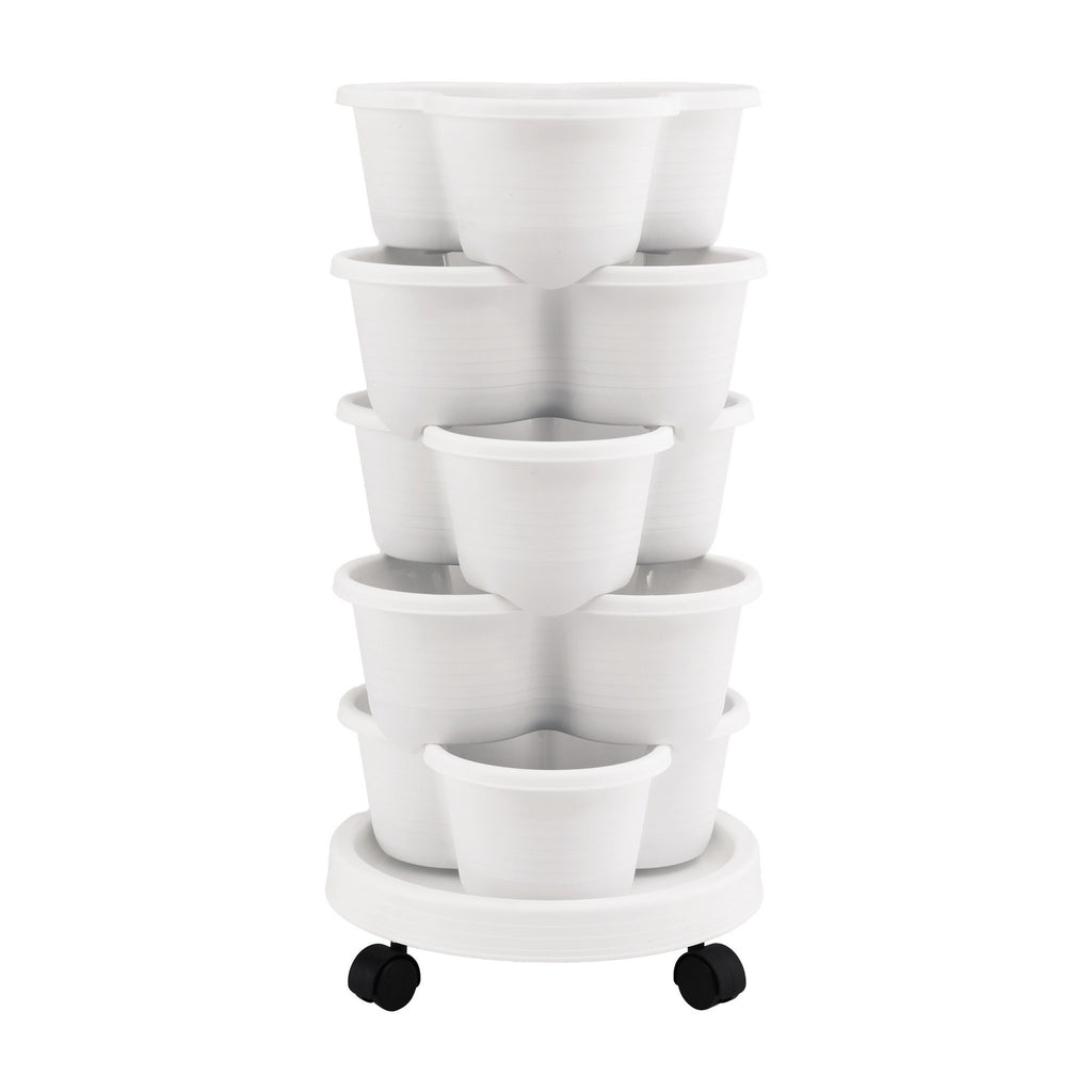 Green Fingers 5 Tier Vertical Garden Planter, Stackable Planters with Wheels, White, Garden Bed, Garden Tower Indoor Outdoor, Auto Drainage System, for Strawberries, Herbs, Flowers, Vegetables