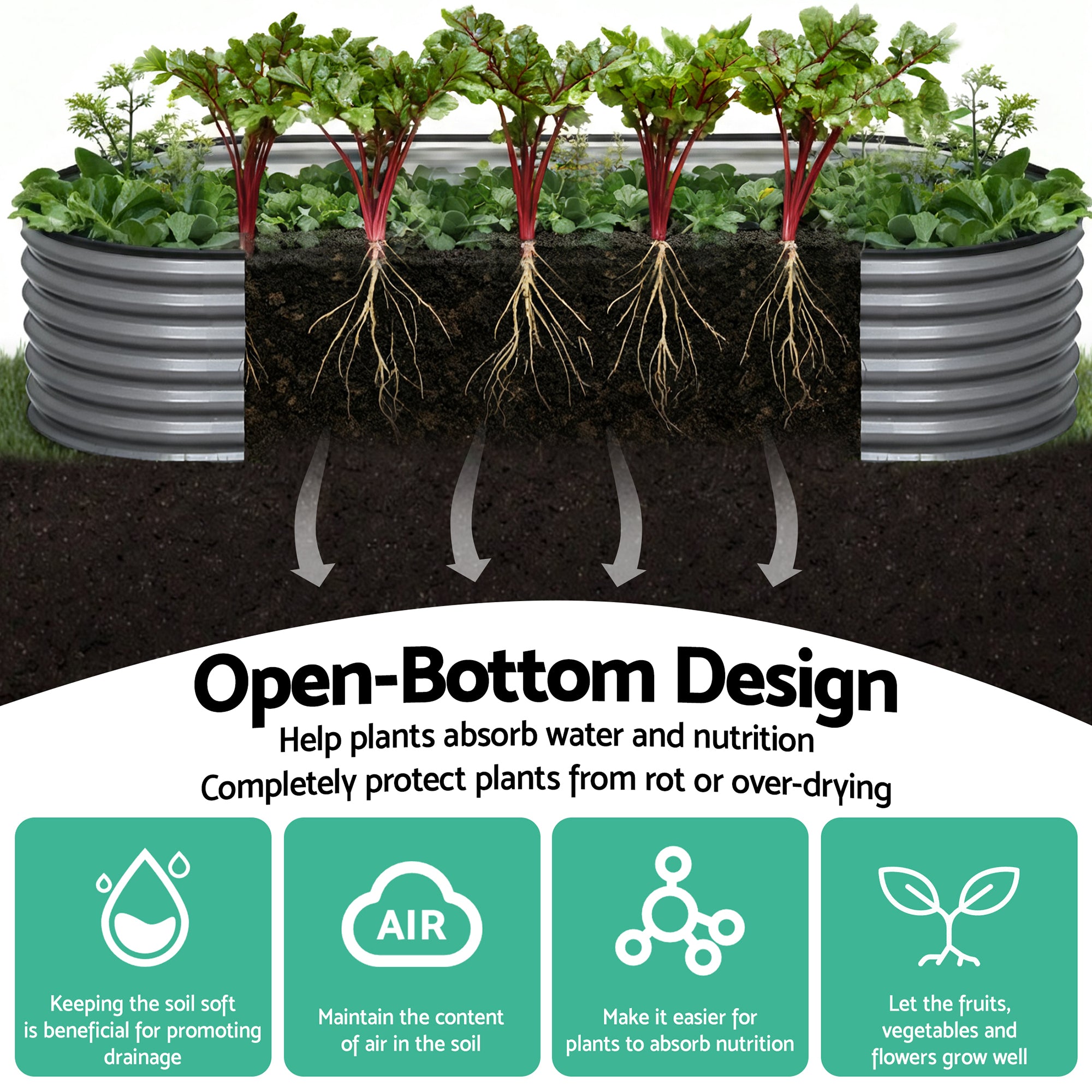 Green Fingers 3 Pcs Raised Garden Bed Kit Oval Galvanized Steel Planter Boxes 160x80x42cm, Heavy Duty Metal Elevated Garden Bed for Vegetables Flowers Herbs, with Safety Edging, Gloves & Pegs Included
