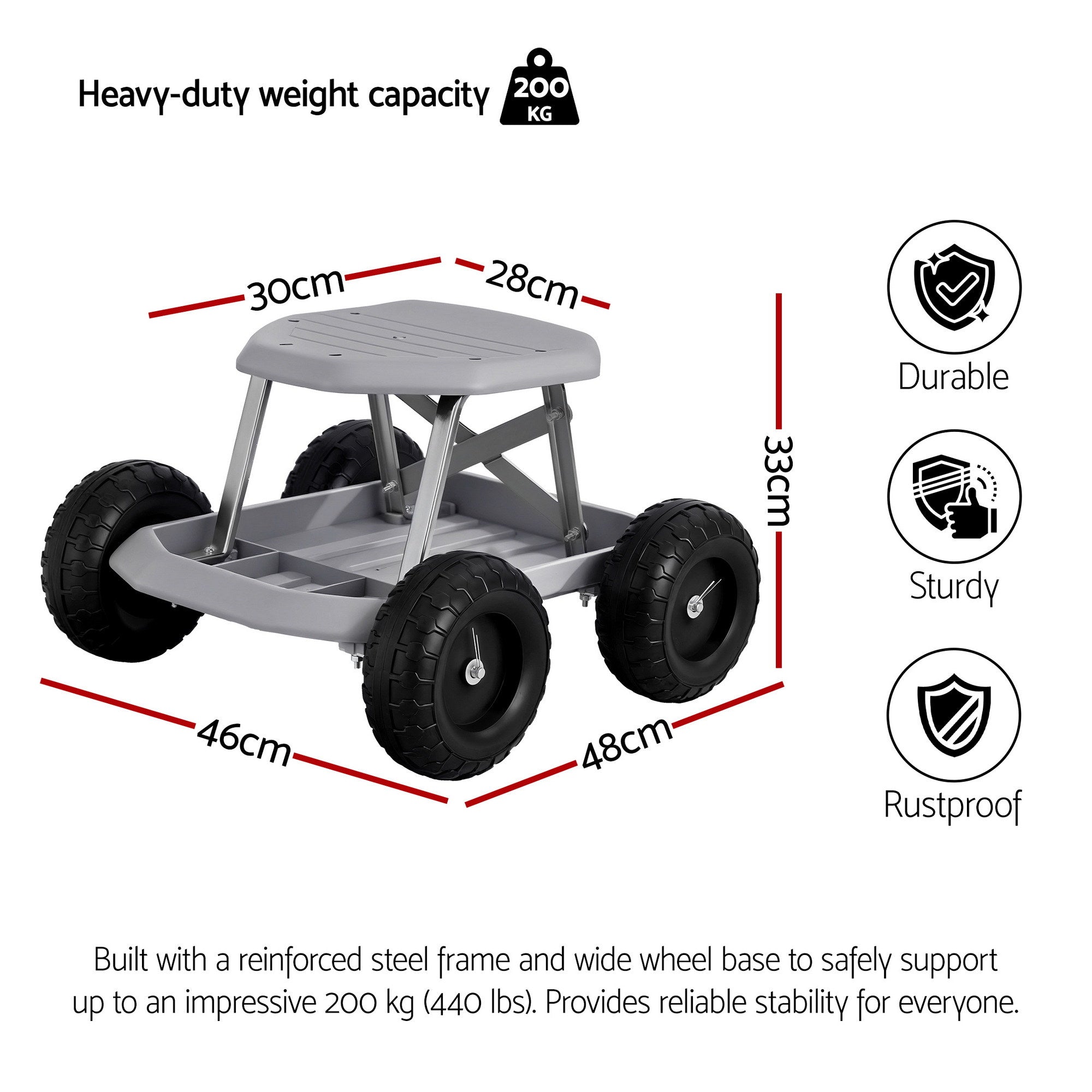 Gardeon Garden Cart Seat with Wheels, Rolling Work Stool with Tool Storage Tray, 440lbs (200kg) Heavy Duty Capacity Garden Stool for Outdoor Yard Work, Car Detailing, and Garage Maintenance, Grey/Black