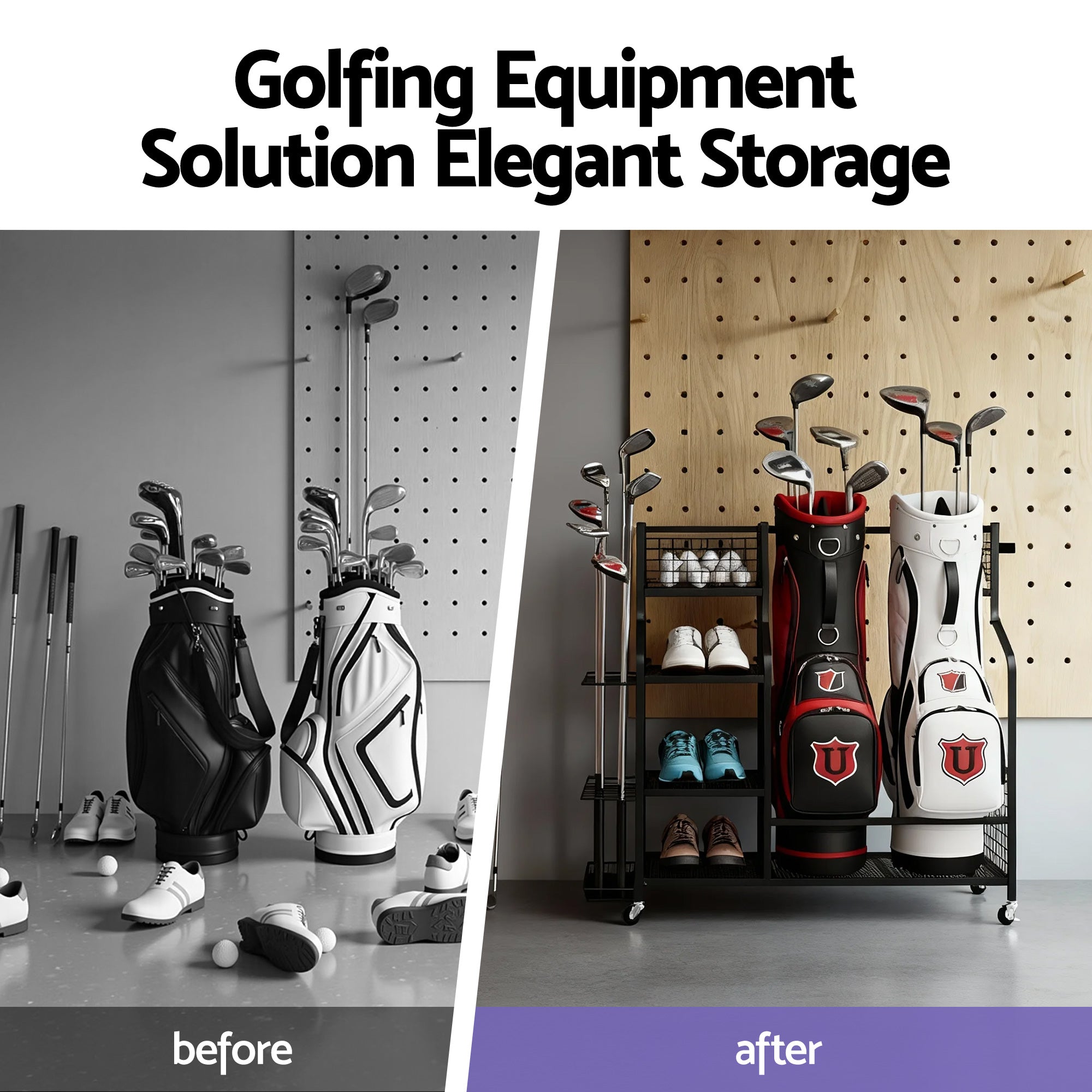 Everfit Golf Bag Storage Golf Storage Garage Organizer with Wheels Black