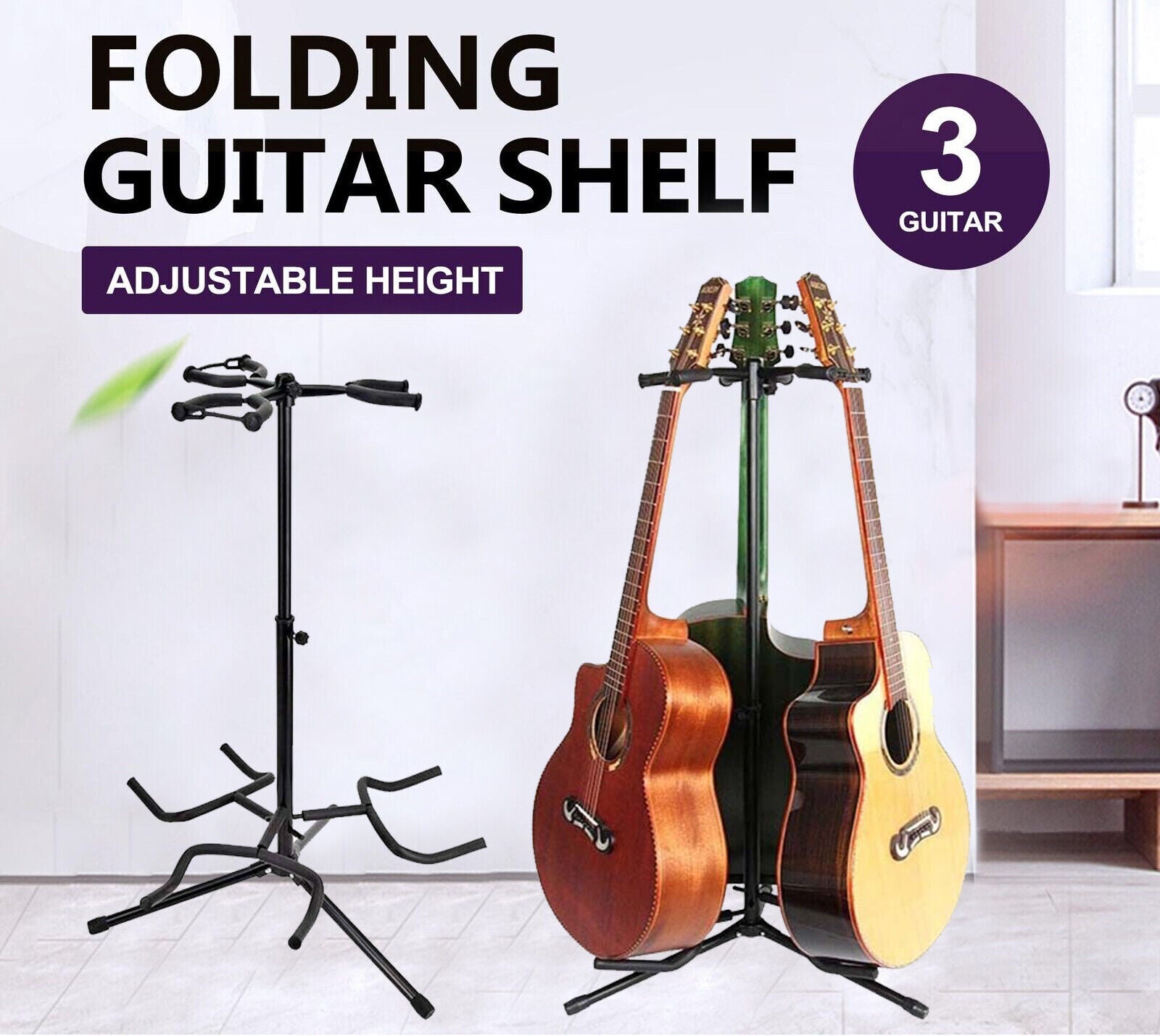 Guitar Stand 3 Head Folding Acoustic Bass Electric Foldable Double Self Locking