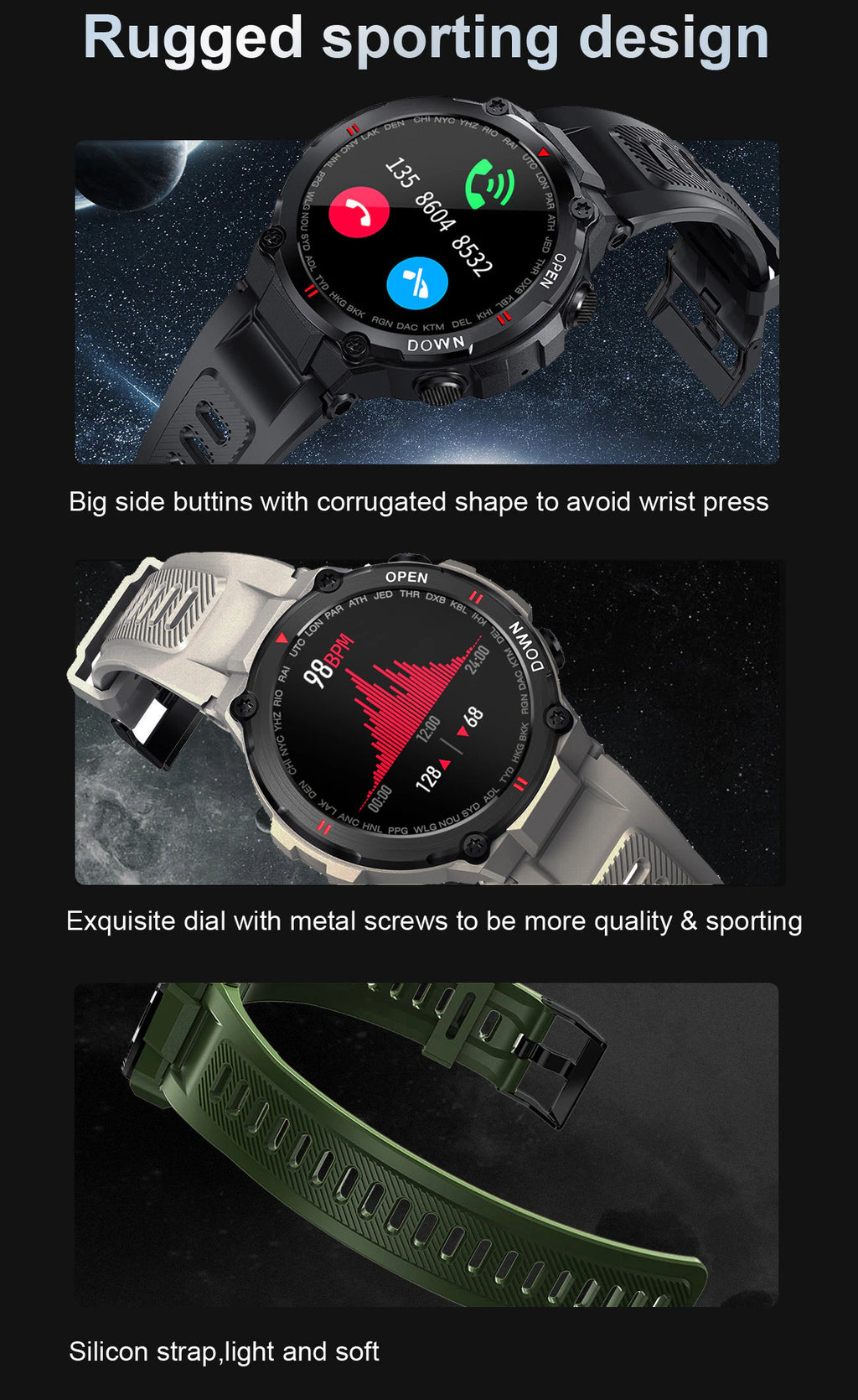 Rugged Outdoor Waterproof Bluetooth Smart Watch Fitness Activity Tracker Pedometer With Heart Rate Monitor