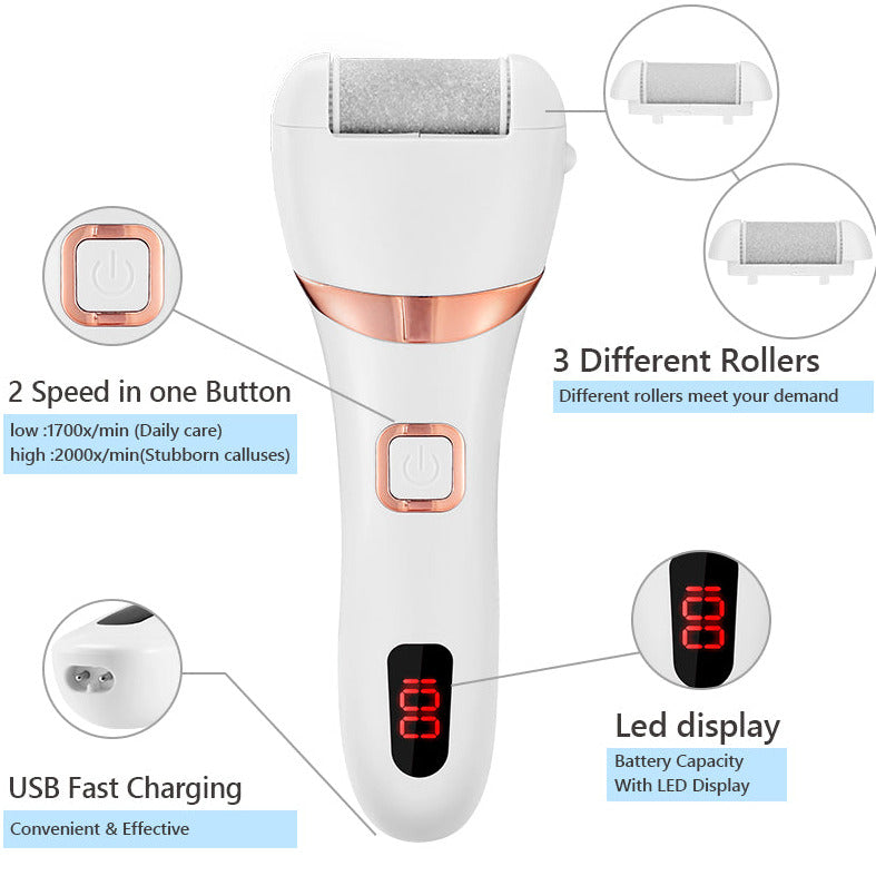Electric Rechargeable Pedicure Foot Grinder Tool Callus And Dead Hard Skin Remover multipurpose Foot File Shaver With 2 Speeds adjustment Option Includes 3 Replacement Roller Heads And Battery Display