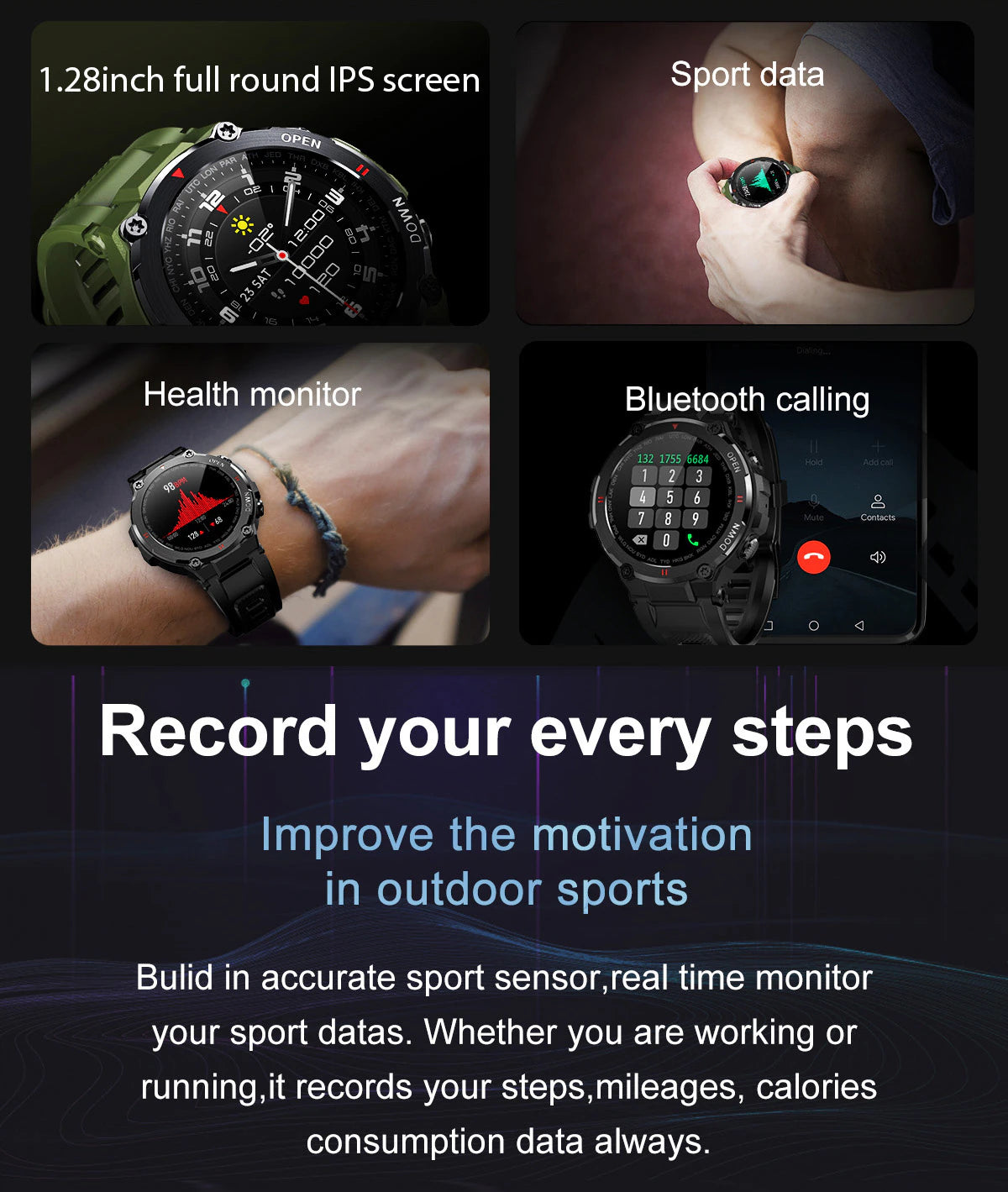 Rugged Outdoor Waterproof Bluetooth Smart Watch Fitness Activity Tracker Pedometer With Heart Rate Monitor