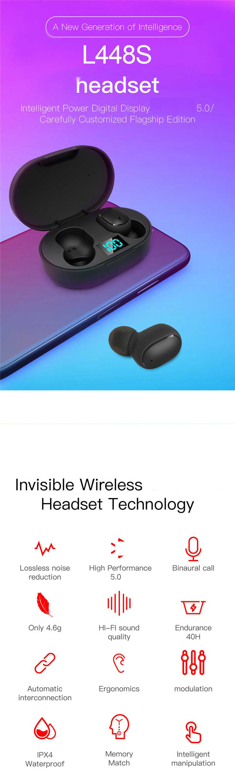 SonicStride-L448S Gaming Bluetooth Wireless Earbuds Earphones With Charging Case 9D & Surround Sound Stereo With LED Digital Display